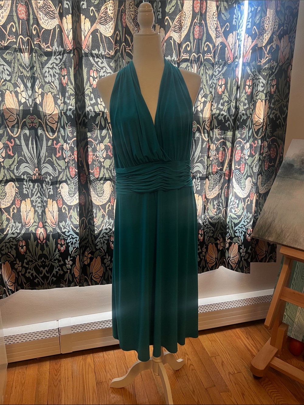 Evan Picone Teal Halter-Style Midi Dress with Ruched Waistband
